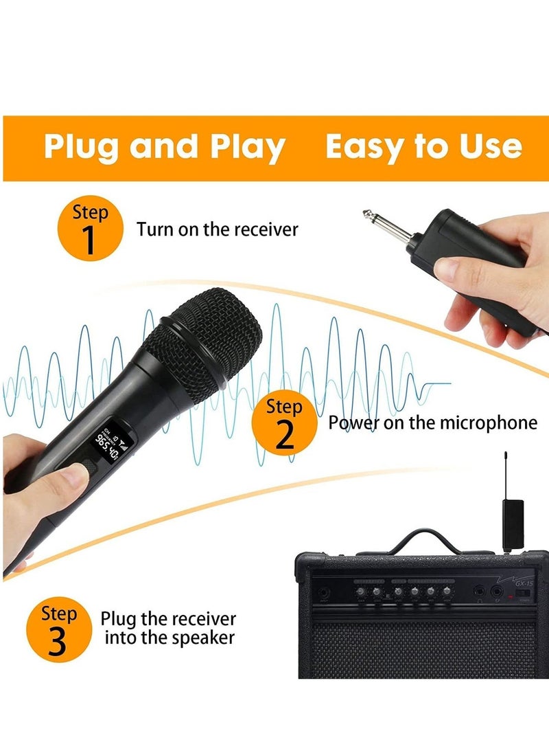 UHF Wireless Unidirectional Microphone Handheld Mic with Receiver 1/4 Output for Conference/Weddings/Church/Stage/Party/Karaoke, 80ft (Duel Cordless) (Black)