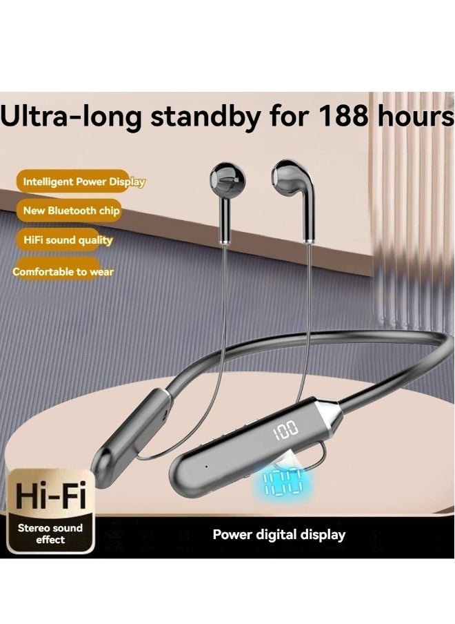 New digital display hanging neck type wireless bluetooth headset digital display large capacity bluetooth sports headset black