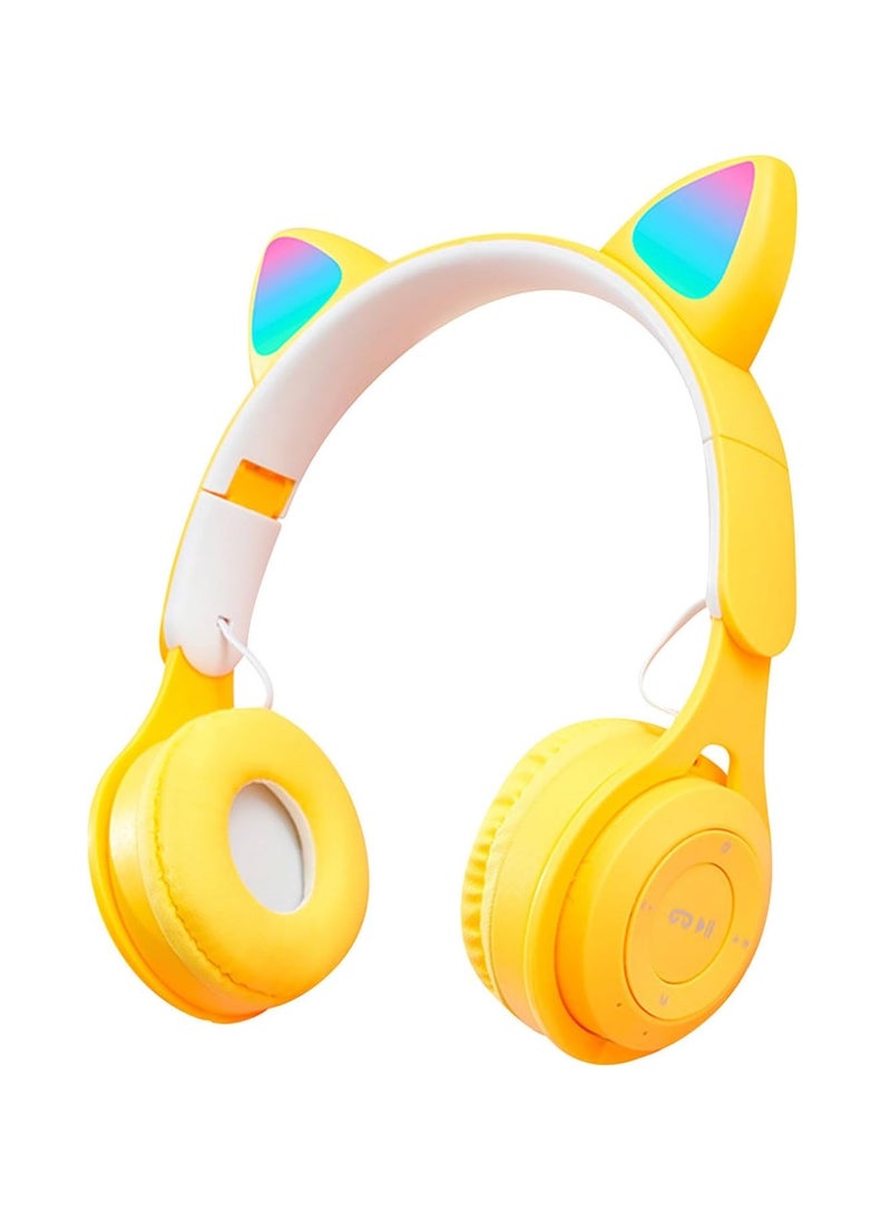 Cute Cat Bluetooth Headphones, Over-ear Headphones, Wireless Headphones Cat Ears LED Light-up Bluetooth Folding Headphones for iPhone/iPad/Smartphone/Laptop/TV (Yellow White)