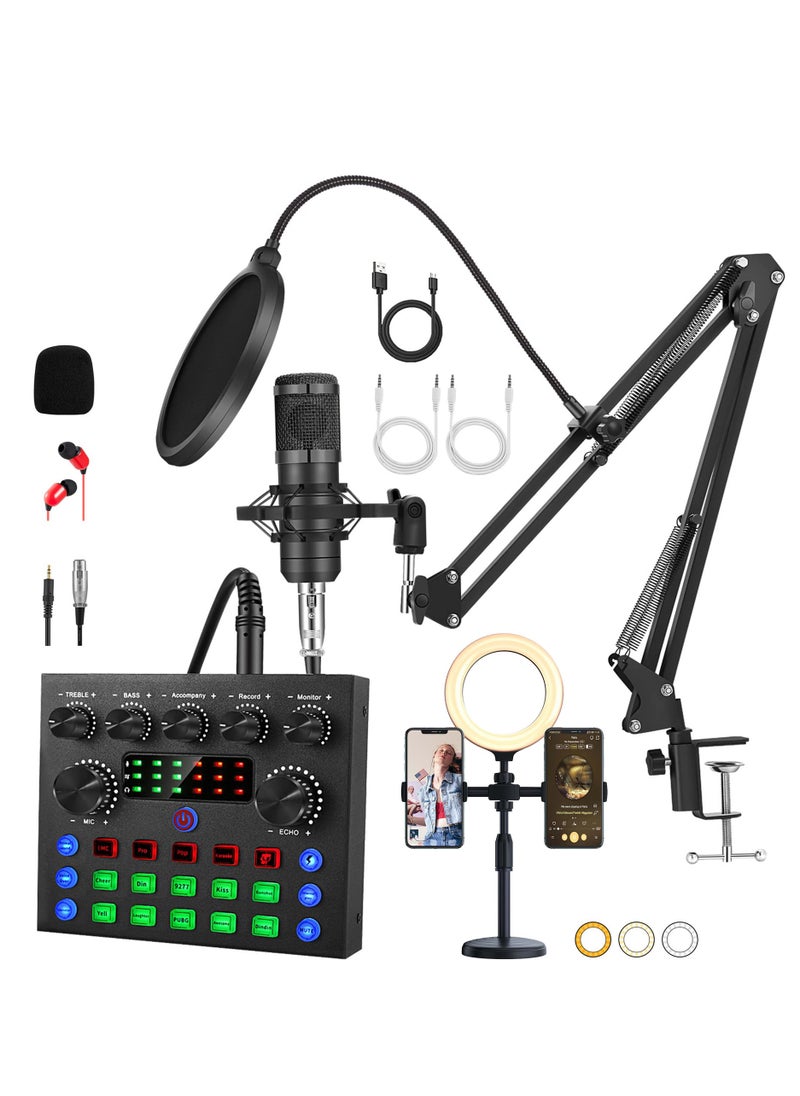 Podcast Equipment Bundle with Ring Light and Phone Holder, BM-800 Podcast Microphone Bundle with V8S Voice Changer, Condenser Microphone Recording Studio Package for Podcasting Streaming Recording