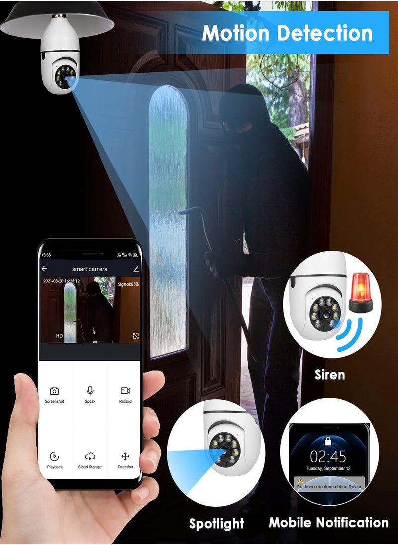 Light Bulb Camera, 360° Light Bulb Security Camera, 2.4GHz Smart Wireless WiFi 1080P HD Security Camera for Indoor Outdoor, with Motion Detection Alarm Night Vision, Two-Way Talk Motion Alarm