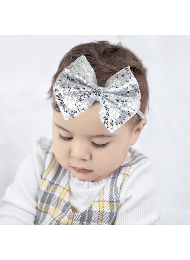 Baby Infant Girls Hair Band Sequined Bow Headband Turban Knot Hair Headwear (Silver)