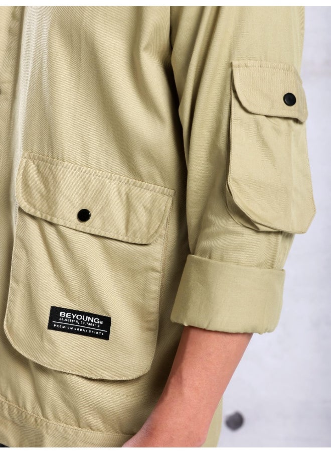 Beige Utility Pockets Shirt for Men