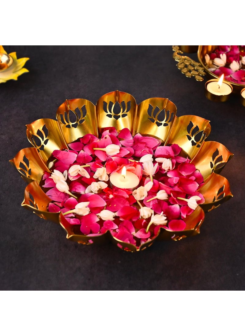 DecorTwist Decorative Urli Bowl 25 Inch Pack of 1 Metal Lotus Design Handcrafted Bowl for Floating Flowers Tea Light Candle Holder Home Living Room Office Wedding Diwali Decoration Items