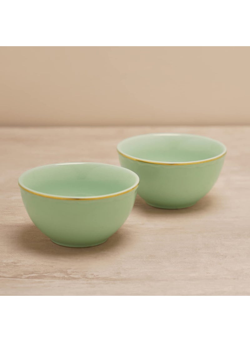 PURE HOME LIVING Set of 2 Green Small Porcelain Bowls with Gold Rim