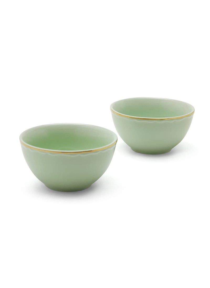 PURE HOME LIVING Set of 2 Green Small Porcelain Bowls with Gold Rim