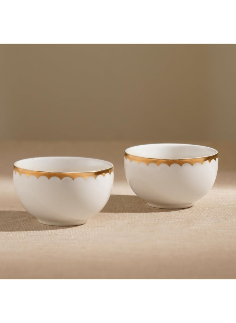 PURE HOME LIVING Set of 2 Ivory and Gold Scallop Detail Ceramic Small Bowls