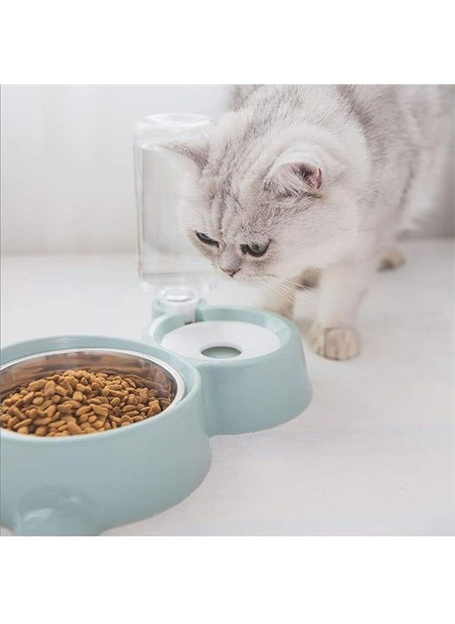 Automatic Double Pet Bowl Blue/White, Pets Water and Food Bowl Set with Detachable Stainless Steel Bowl, Automatic Water Dispenser Bottle No-Spill Pet Feeder for Cats Puppy and Small Dogs