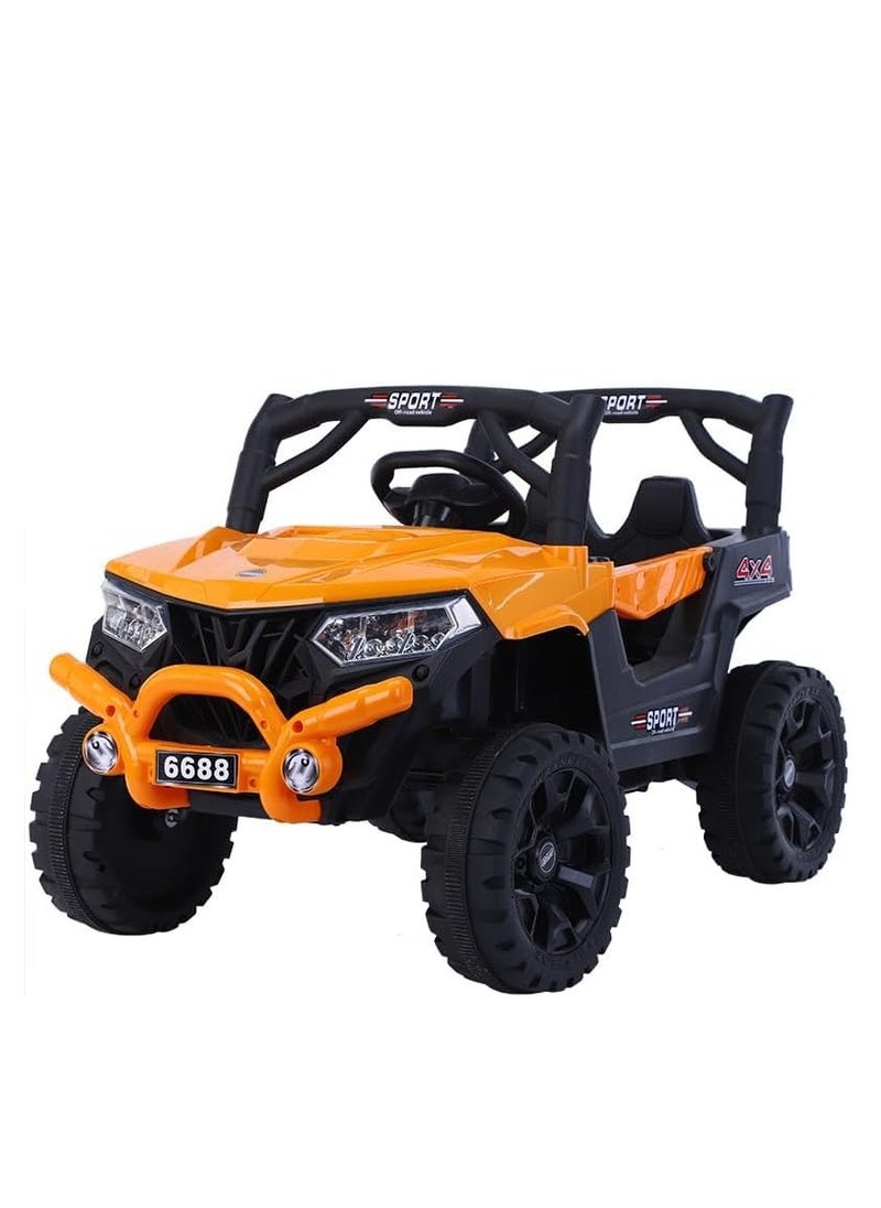 Electric Ride-On Off-Road Jeep for Kids – Battery Powered Car with Remote Control, LED Headlights, Music, Suspension Wheels – 4x4 Style Outdoor Adventure Vehicle (Sport Model 6688, Orange)