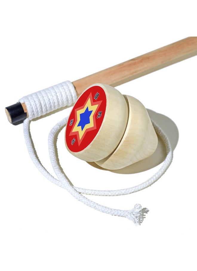 Super-moving Solid Wood Gyro Whip Rope Sports Fitness Ice Monkey Cow Wooden Cow Wooden Toys Wholesale-Color:10cm Gyro 50cm Pole Thick Whip