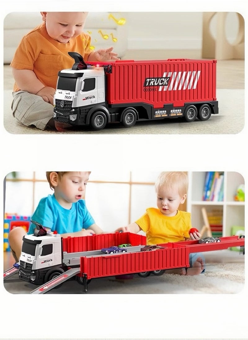 Race Car Track Toy Truck Toy with Slots & Foldable Race Tracks Transport Car Carrier Toy for Toddlers Cars Toy Set Container Truck Toy with 8 Alloy Cars Vehicles Toy Set for 3+ Kids Boys Girls, Multicolour