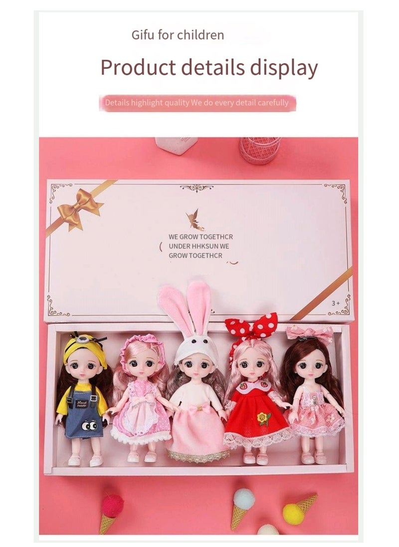 17 cm small doll princess gift box set children's girl clothes changeable dress-up Fashion Dolls Collection Set, 5 Pieces with Different Outfits, Pink Gift Box Girl gift (mew)