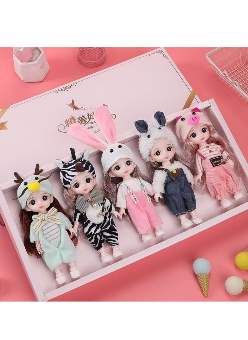17 cm small doll princess gift box set children's girl clothes changeable dress-up Fashion Dolls Collection Set, 5 Pieces with Different Outfits, Pink Gift Box Girl gift (mew)