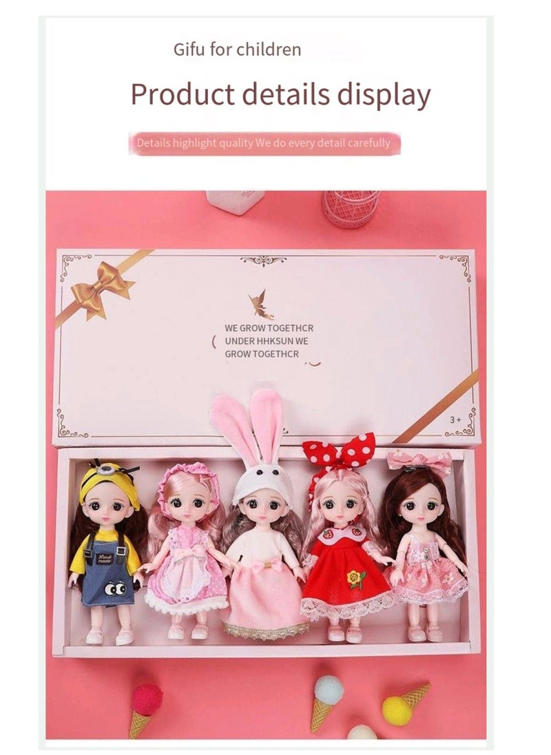 17 cm small doll princess gift box set children's girl clothes changeable dress-up Fashion Dolls Collection Set, 5 Pieces with Different Outfits, Pink Gift Box Girl gift (sweet)