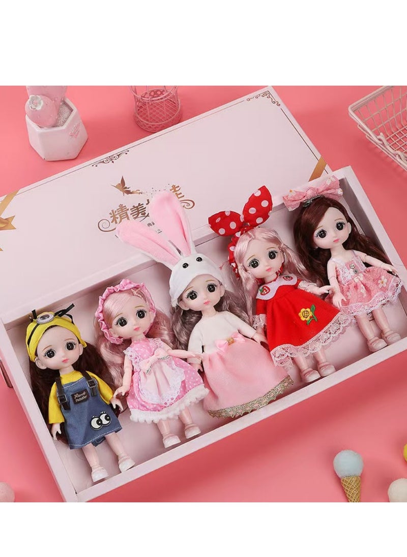 17 cm small doll princess gift box set children's girl clothes changeable dress-up Fashion Dolls Collection Set, 5 Pieces with Different Outfits, Pink Gift Box Girl gift (sweet)