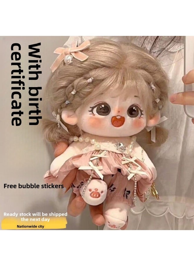 Cotton Doll With Birth Certificate Plush Toy Doll Can Be Changed To Send Girls Gifts-Specifications: + Star Pendant + Star Hairpin + Comb + Rubber Band + Blush + Sticker-Color:Wan'er + 2 Random Clothes + 8-piece Set + Care Solution + Shell Broken Certificate