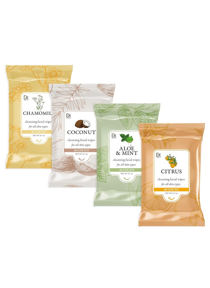 Dr Wellness Gentle Cleansing Facial Wipes Variety Pack for All Skin Types 30 Count Pack of 4 Chamomile Coconut Aloe and Mint Citrus