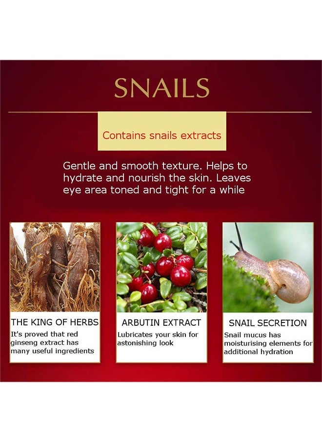 Red Ginseng Snails Eye Cream, Snails Bovine Crystal Through Tender Soft Skin Hydrating and Moisturising Effect Care for Skin Blooming Eyes Tight Firmer Gently Cleans Removes Dirt Oil 20g
