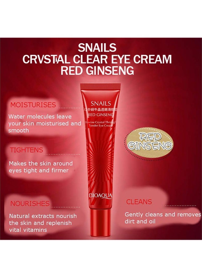 Red Ginseng Snails Eye Cream, Snails Bovine Crystal Through Tender Soft Skin Hydrating and Moisturising Effect Care for Skin Blooming Eyes Tight Firmer Gently Cleans Removes Dirt Oil 20g