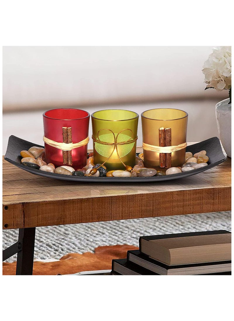 Candle Holders Tray Rocks, Home Decor Accents Gift Set, Natual Votive Candlescape Set of 3 Tea Light Natual Stones, Small Coffee Table Decor, Gift for Birthday, Mother's Day, Anniversary