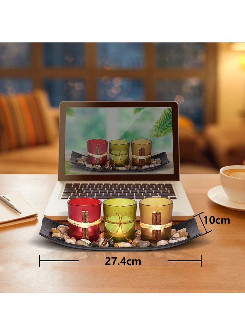 Candle Holders Tray Rocks, Home Decor Accents Gift Set, Natual Votive Candlescape Set of 3 Tea Light Natual Stones, Small Coffee Table Decor, Gift for Birthday, Mother's Day, Anniversary