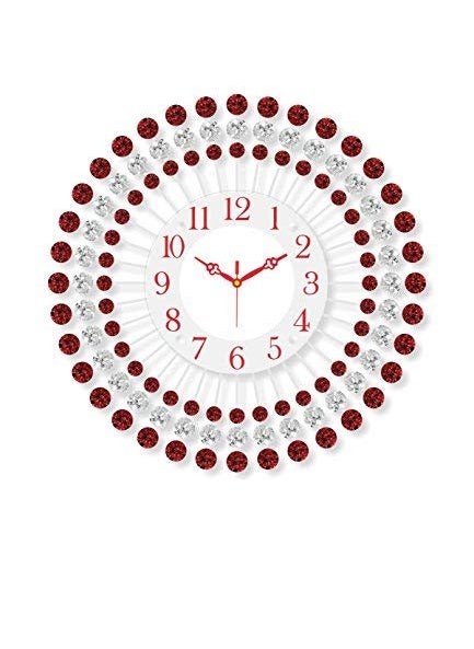 CHRONIKLE Beautiful Floral Design Crystal Round Analog Diamond Studded HomeOffice Decor Metal Wall Clock with Sweep Movement Size 37 x 5 x 37 CM Color Red Weight 830 grm