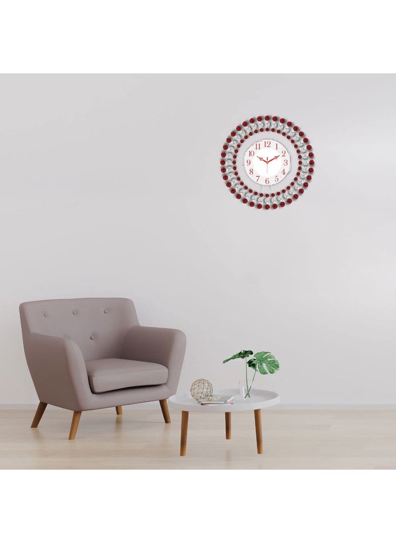 CHRONIKLE Beautiful Floral Design Crystal Round Analog Diamond Studded HomeOffice Decor Metal Wall Clock with Sweep Movement Size 37 x 5 x 37 CM Color Red Weight 830 grm