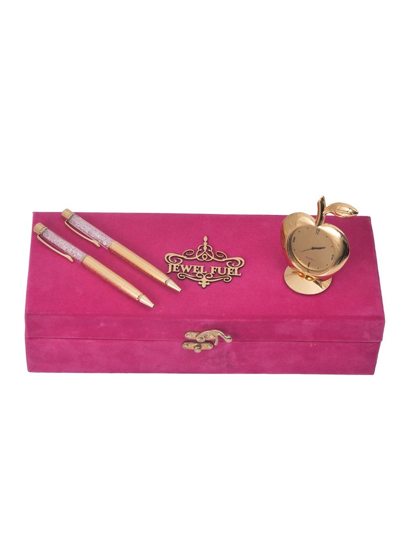 JEWEL FUEL Gold Plated Apple Table Clock and German Silver 2 Gold Plated Pen Gift Set