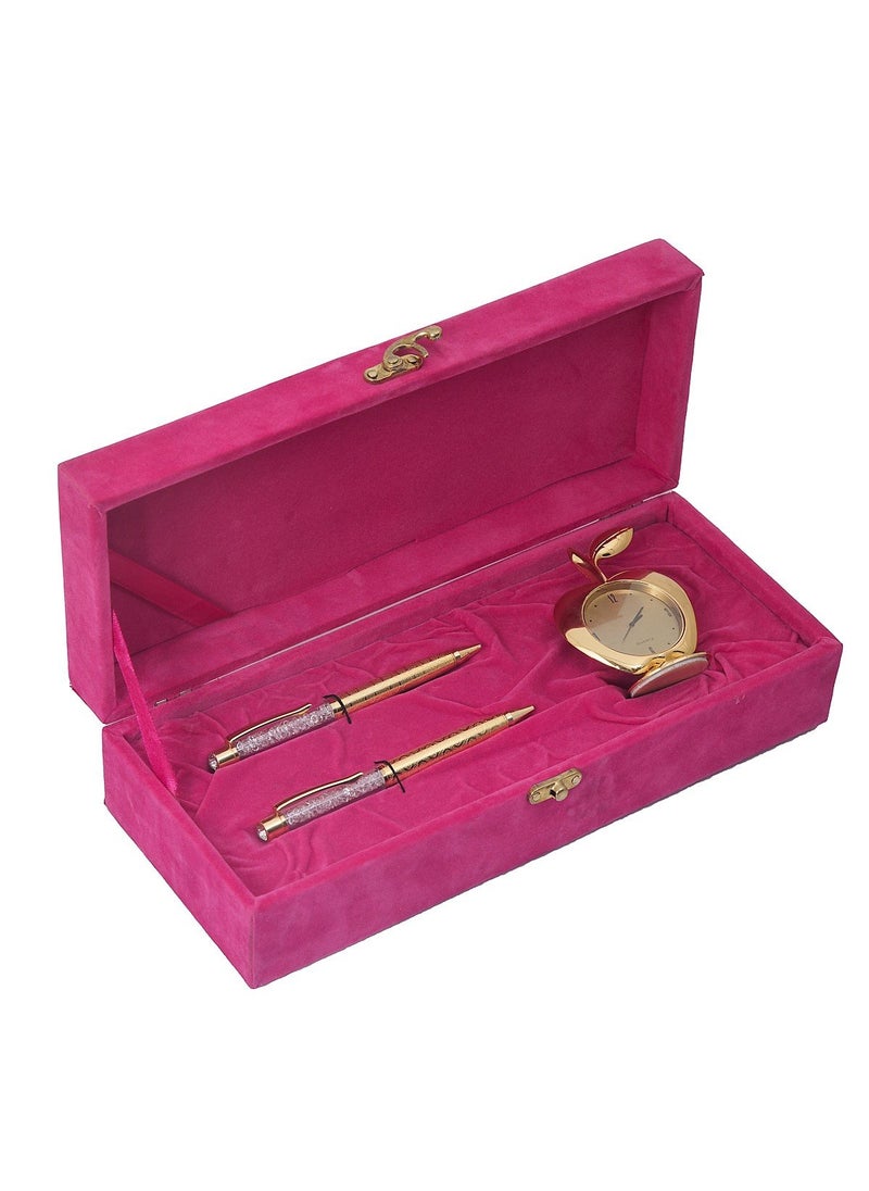 JEWEL FUEL Gold Plated Apple Table Clock and German Silver 2 Gold Plated Pen Gift Set