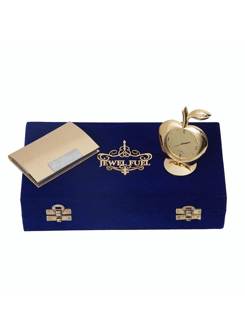JEWEL FUEL Gold Plated Apple Table Clock and Gold Plated Visiting Card Holder Gift Set