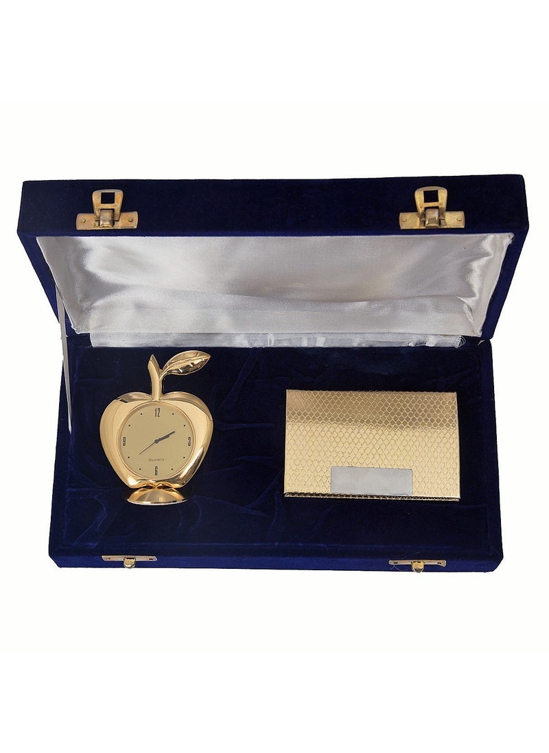 JEWEL FUEL Gold Plated Apple Table Clock and Gold Plated Visiting Card Holder Gift Set