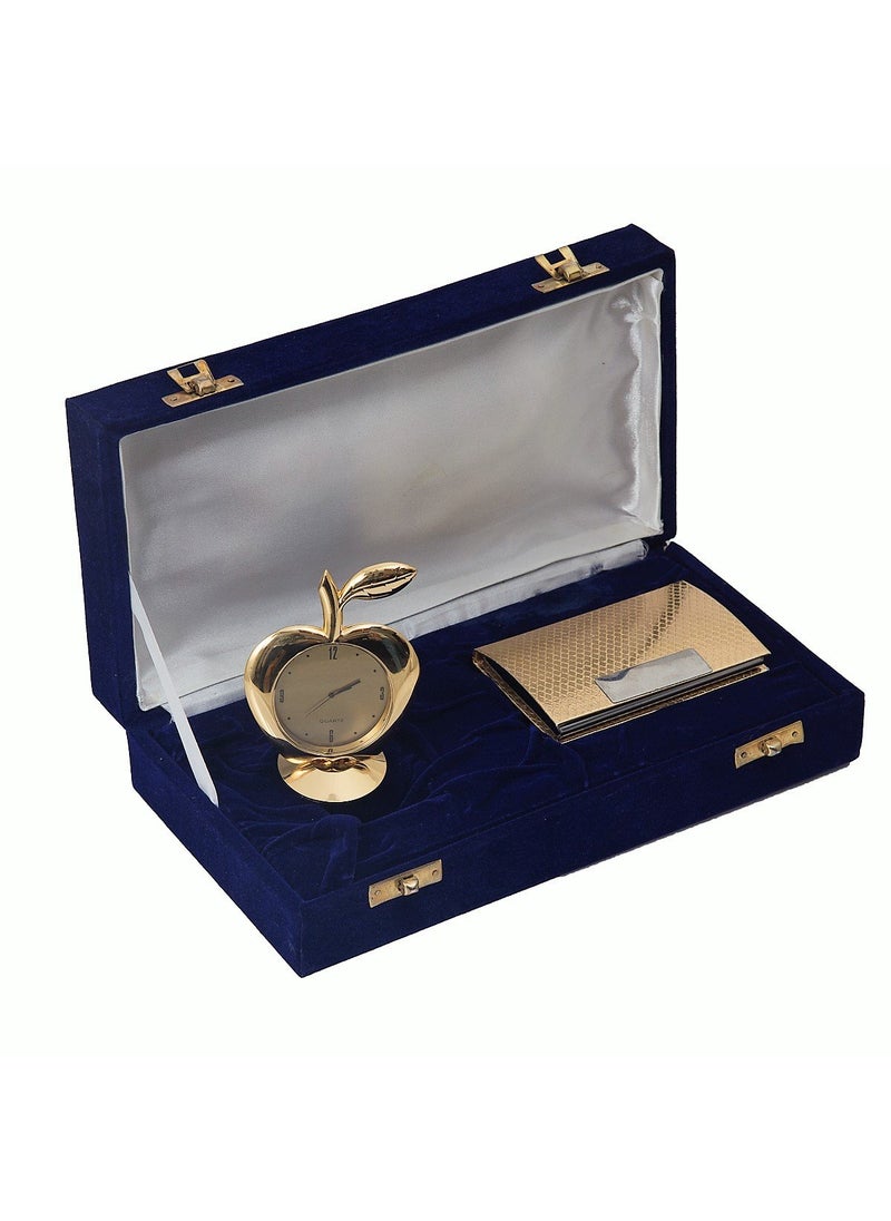 JEWEL FUEL Gold Plated Apple Table Clock and Gold Plated Visiting Card Holder Gift Set