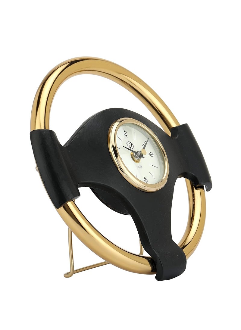 Decor de Maison Handcrafted Wheel Steel Clock Gold BodyBlack Ring Decorative Table Clock for Office Desk Centre Table Study Table in Metal