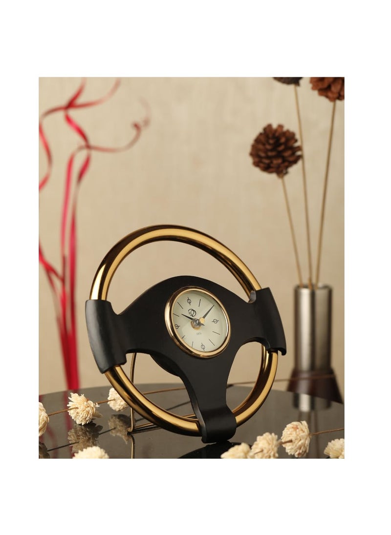 Decor de Maison Handcrafted Wheel Steel Clock Gold BodyBlack Ring Decorative Table Clock for Office Desk Centre Table Study Table in Metal