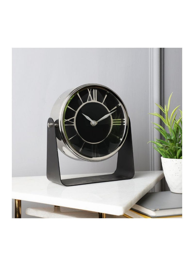 Decor de Maison Handcrafted Silver Black Metal Stand Table Clock for Home Decor Table Decor Living Room Bedroom Study Table and Office Desk 8 inch Height