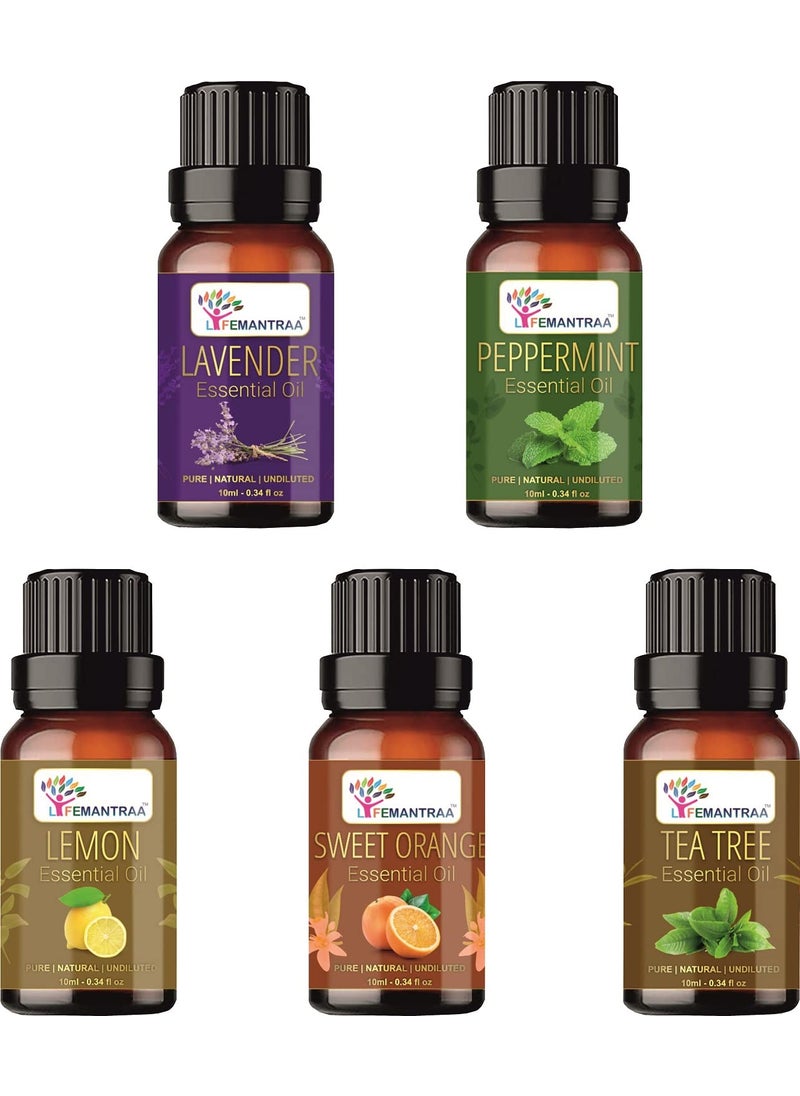 Lifemantraa Pure Lavender Peppermint Lemon Sweet Orange and Tea Tree Essential Oil for Home Fragrance Diffuser Essential Oils Set for Room Air Freshener Aroma Oil Diffusers Soap Making Candle Making 10ml Each 50ml