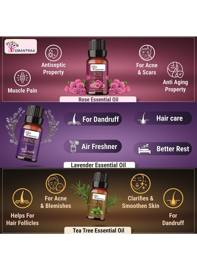 Lifemantraa Pure Lavender Lemongrass Jasmine Rose Ylang Ylang Peppermint Rosemary Eucalyptus Mandarin Tea tree Citronella and Lemon Essential Oil for Home Fragrance Diffuser Essential Oils Set for Room Air Freshener Aroma Oil Diffusers Soap Making Candle Making 10ml Each 120ml