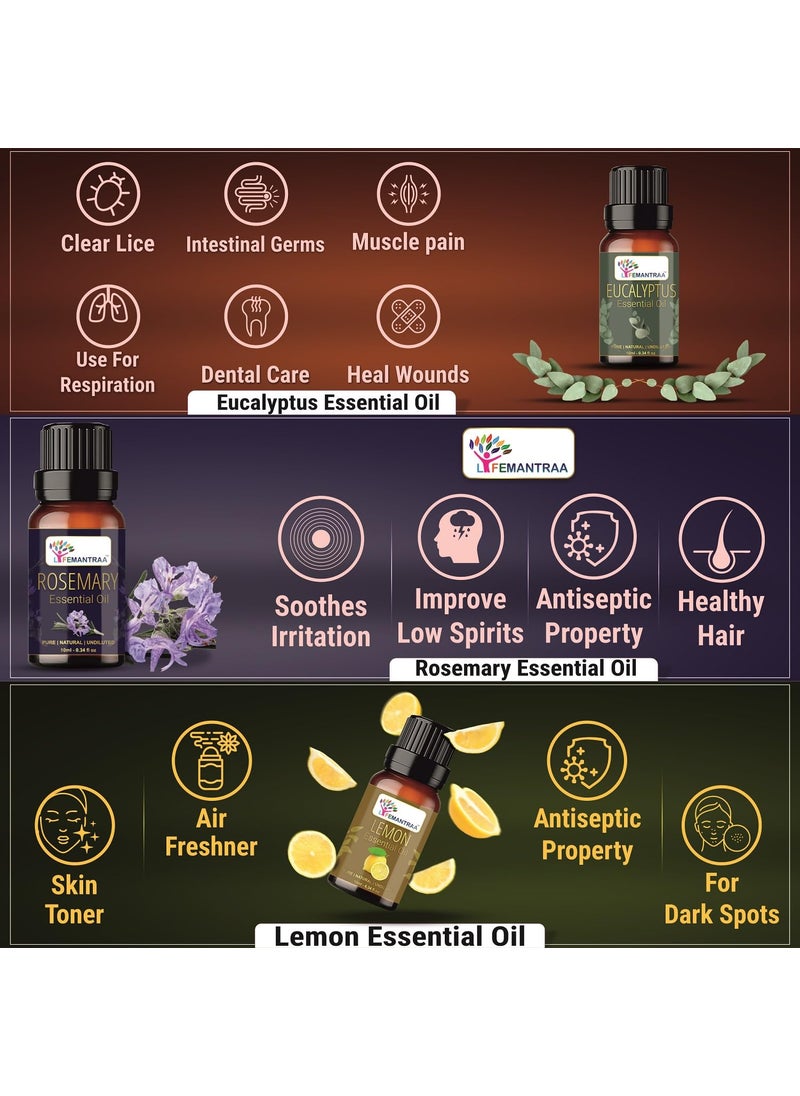 Lifemantraa Pure Lavender Lemongrass Jasmine Rose Ylang Ylang Peppermint Rosemary Eucalyptus Mandarin Tea tree Citronella and Lemon Essential Oil for Home Fragrance Diffuser Essential Oils Set for Room Air Freshener Aroma Oil Diffusers Soap Making Candle Making 10ml Each 120ml