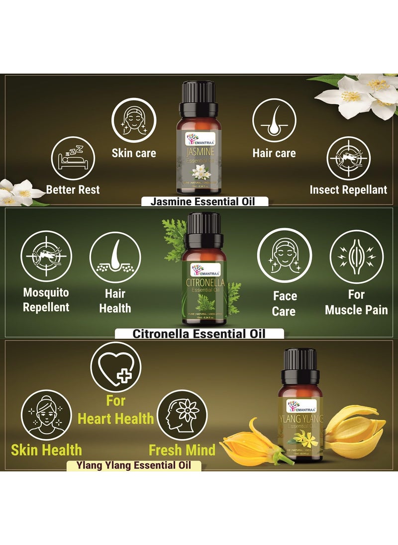 Lifemantraa Pure Lavender Lemongrass Jasmine Rose Ylang Ylang Peppermint Rosemary Eucalyptus Mandarin Tea tree Citronella and Lemon Essential Oil for Home Fragrance Diffuser Essential Oils Set for Room Air Freshener Aroma Oil Diffusers Soap Making Candle Making 10ml Each 120ml