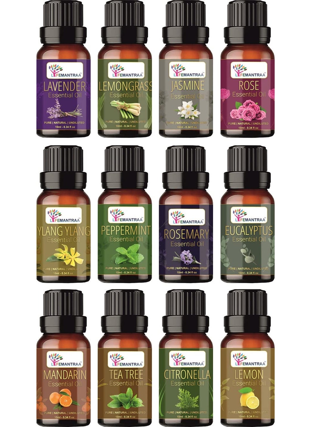 Lifemantraa Pure Lavender Lemongrass Jasmine Rose Ylang Ylang Peppermint Rosemary Eucalyptus Mandarin Tea tree Citronella and Lemon Essential Oil for Home Fragrance Diffuser Essential Oils Set for Room Air Freshener Aroma Oil Diffusers Soap Making Candle Making 10ml Each 120ml