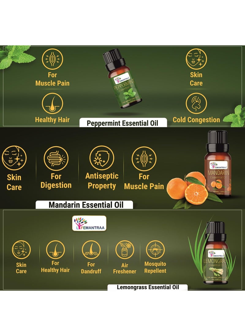 Lifemantraa Pure Lavender Lemongrass Jasmine Rose Ylang Ylang Peppermint Rosemary Eucalyptus Mandarin Tea tree Citronella and Lemon Essential Oil for Home Fragrance Diffuser Essential Oils Set for Room Air Freshener Aroma Oil Diffusers Soap Making Candle Making 10ml Each 120ml