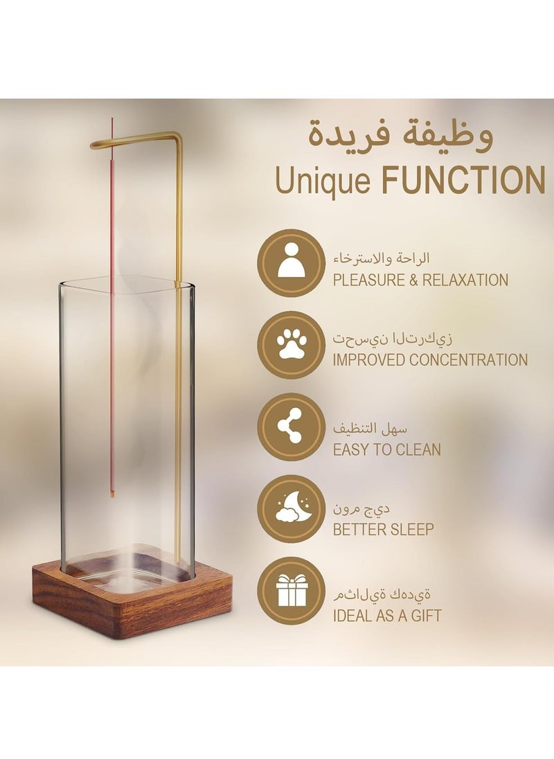 Modern Design Wooden Clear Mess-Free Incense Holder, Incense Stick Burner with Removable Glass Ash Catcher for Yoga Spa Mediation and Home Relaxation