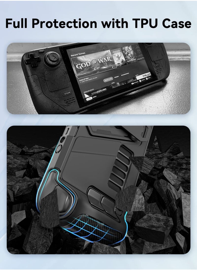 Protective Case for Steam Deck with Kickstand, Accurate Cutouts TPU Cover for Steam Deck, Anti Slip Comfort Shockproof Protector Grip Shell for Steam Deck Black