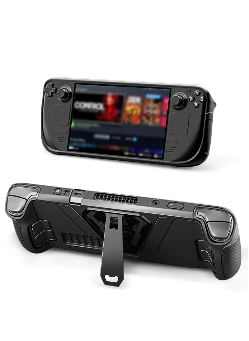 Protective Case for Steam Deck with Kickstand, Accurate Cutouts TPU Cover for Steam Deck, Anti Slip Comfort Shockproof Protector Grip Shell for Steam Deck Black