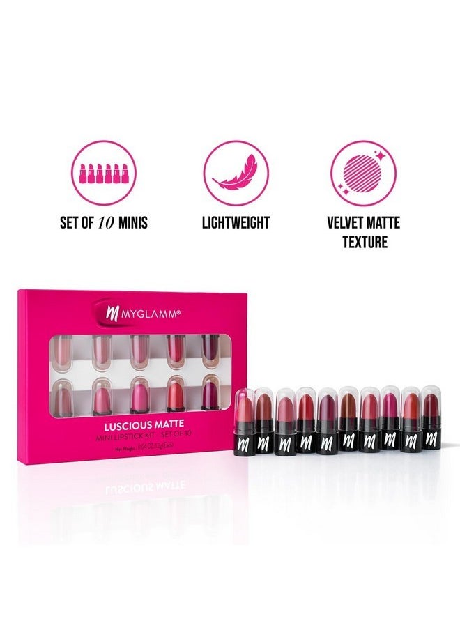 Luscious Matte Mini Lipstick Kit - Set Of 10 | Nude & Bold Lipstick Combo For Women | Long Lasting, Creamy, Moisturising & Pigmented Mini Lipsticks (1.2G X 10)