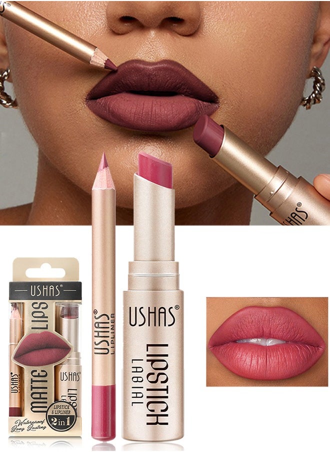 Matte Lips，2 in 1 Waterproof Lipstick and Lip Liner Combo Set - Long Lasting Matte Lipstick Pen with Liner Set Makeup Kit #S6