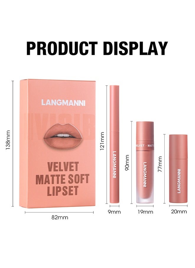 Velvet Matte Soft Lip Set-Lip Liner,Lip Gloss and Lipstick Combo,Perfect for Natural Lip Contour,Waterproof And Longlasting Effect Lip Makeup,Unique Festival Gift (#02, Pack of 1)