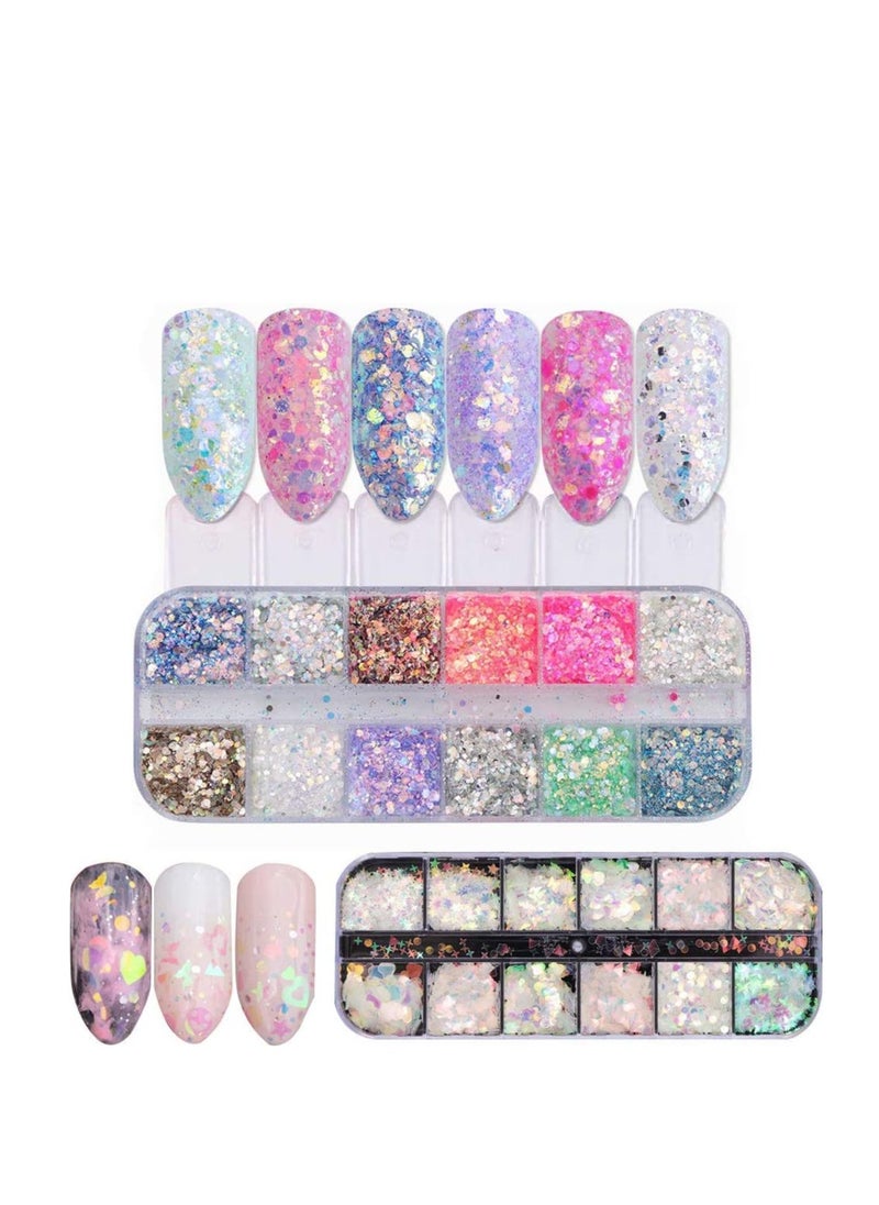 Heart Nail Sequins,3D Valentine’s Day Nail Art Stickers Decals Black Pink Love Heart Rabbit Butterfly Nail Glitter Flakes Sparkle for Nail Art Supplies, Women Nail Art Decoration 2 Box/24 Grids