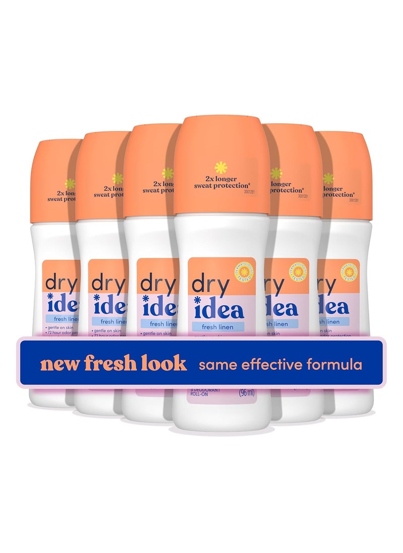 Dry Idea RollOn Deodorant Antiperspirant 2X Longer Sweat Protection 72Hour Odor Protection Gentle on Skin Fresh Linen Scent 325 oz 6 count