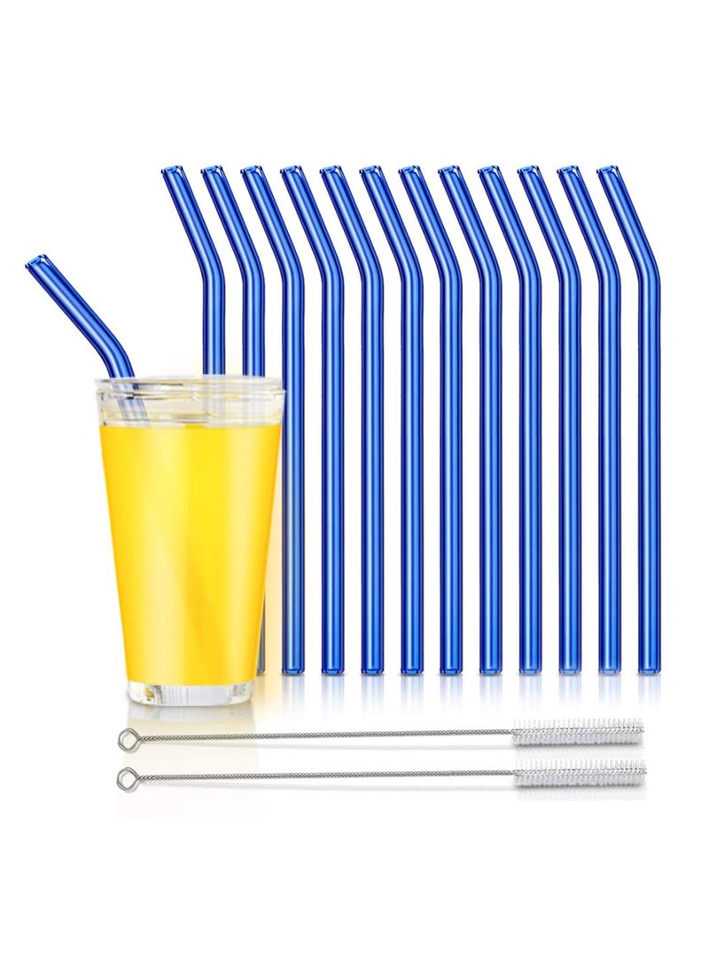 Reusable Glass Straws, Reusable Bent Glass Drinking Straws with 2 Cleaning Brushes, Reusable Straws for Smoothies, Milkshakes, Juice (Blue, 12 Pack)